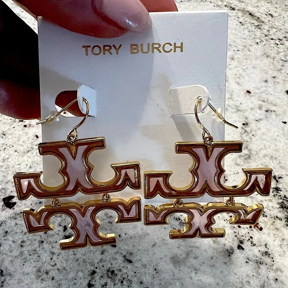 Brand New TB Tory Transparent Gold Drop Logo Earrings Britten Double T